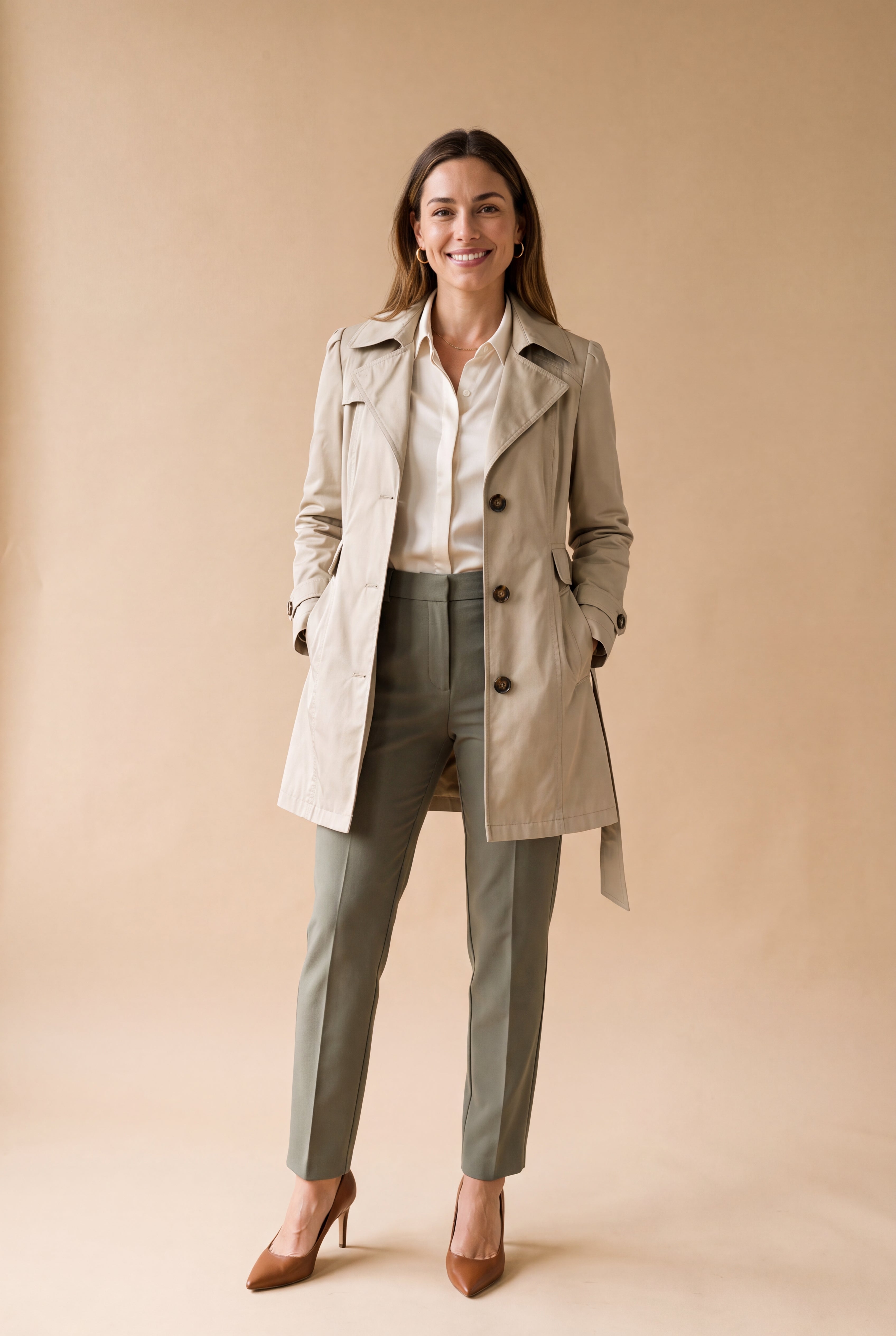 Women Trench Coat Short Belted in Khaki — primary beige