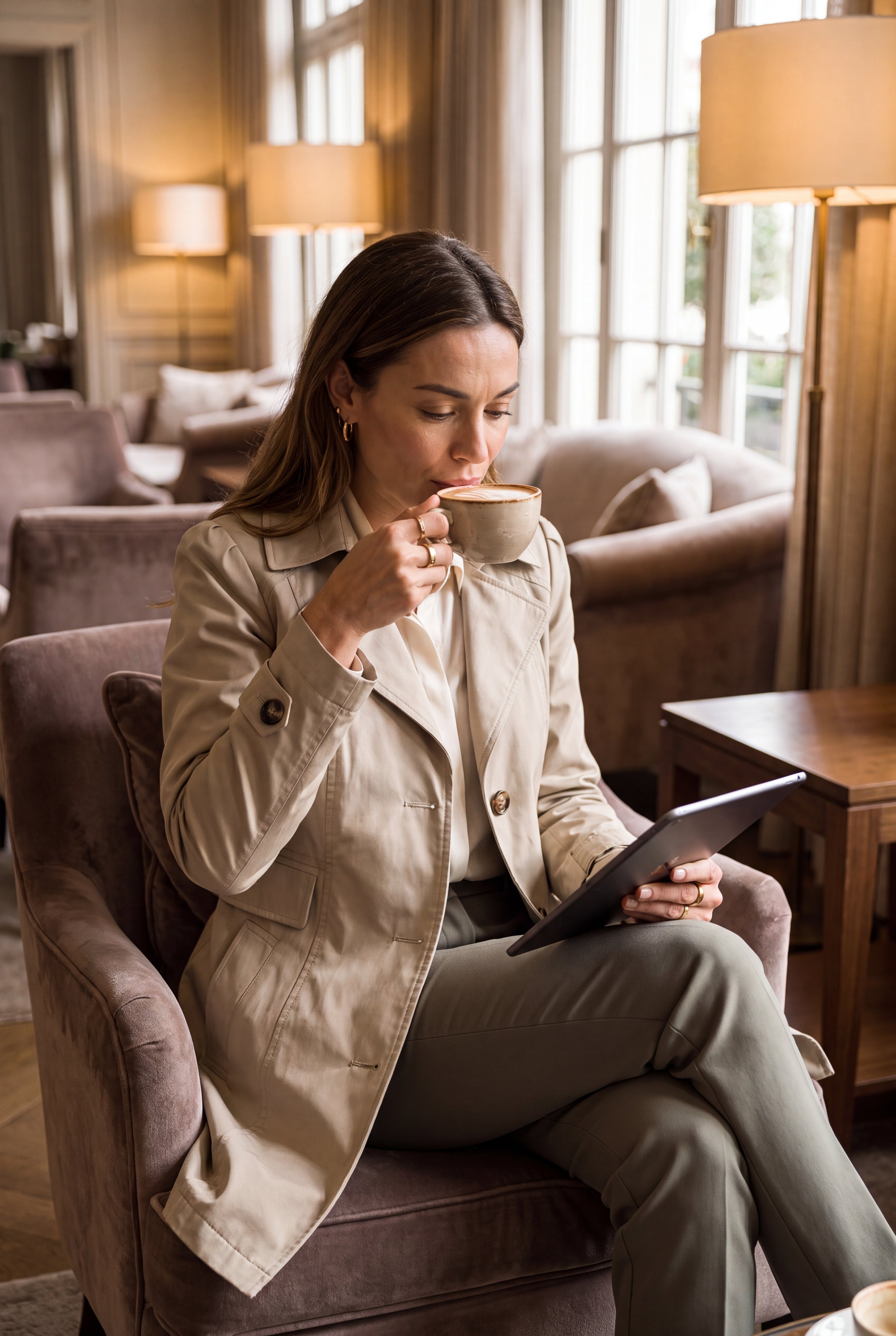 Women Trench Coat Short Belted in Khaki — secondary boutique hotel