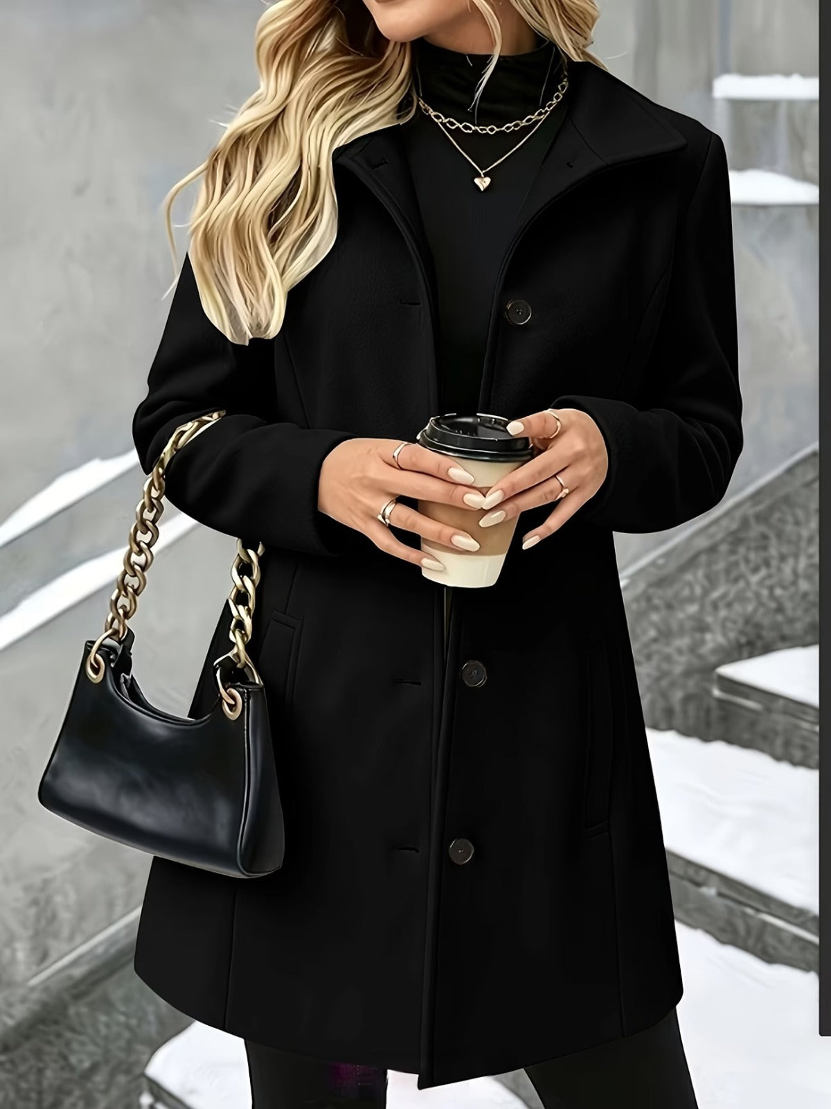 Women's Winter Coats with Lapel Collar, Long Button-Front Coat