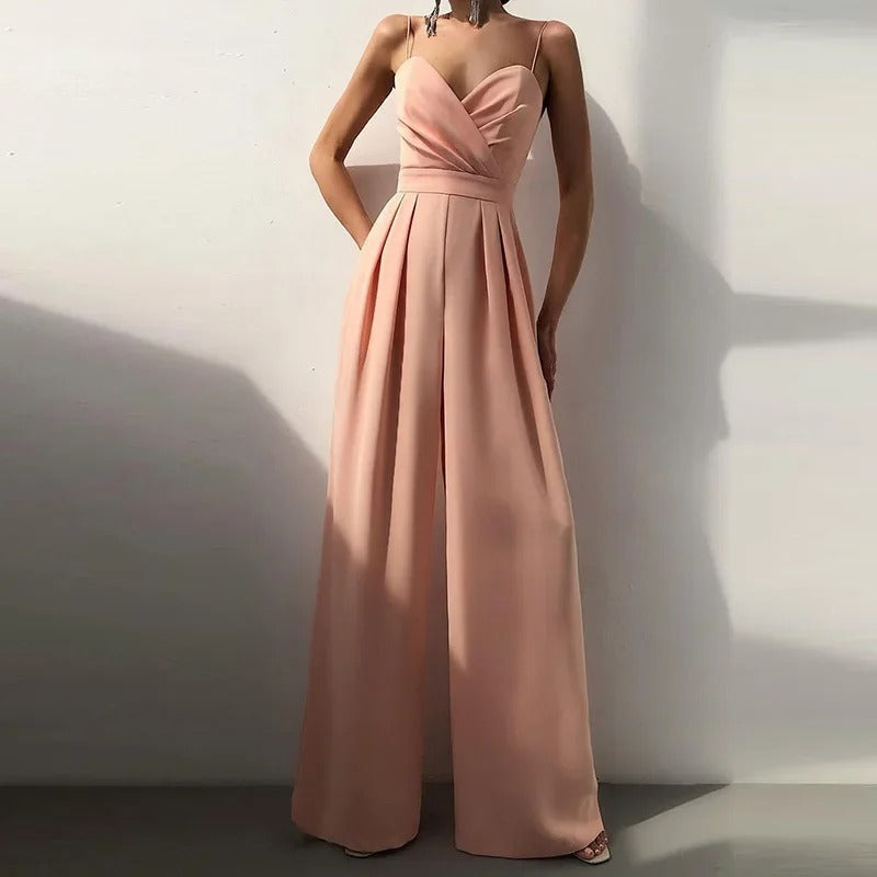 Women's Wide Leg Jumpsuit with Thin Straps and Wrap Neckline