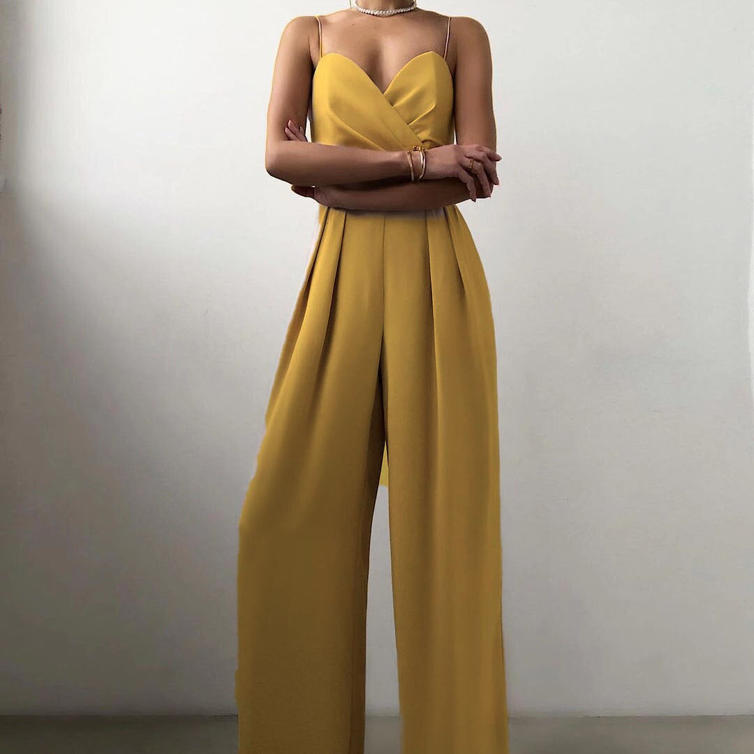 Women's Wide Leg Jumpsuit with Thin Straps and Wrap Neckline