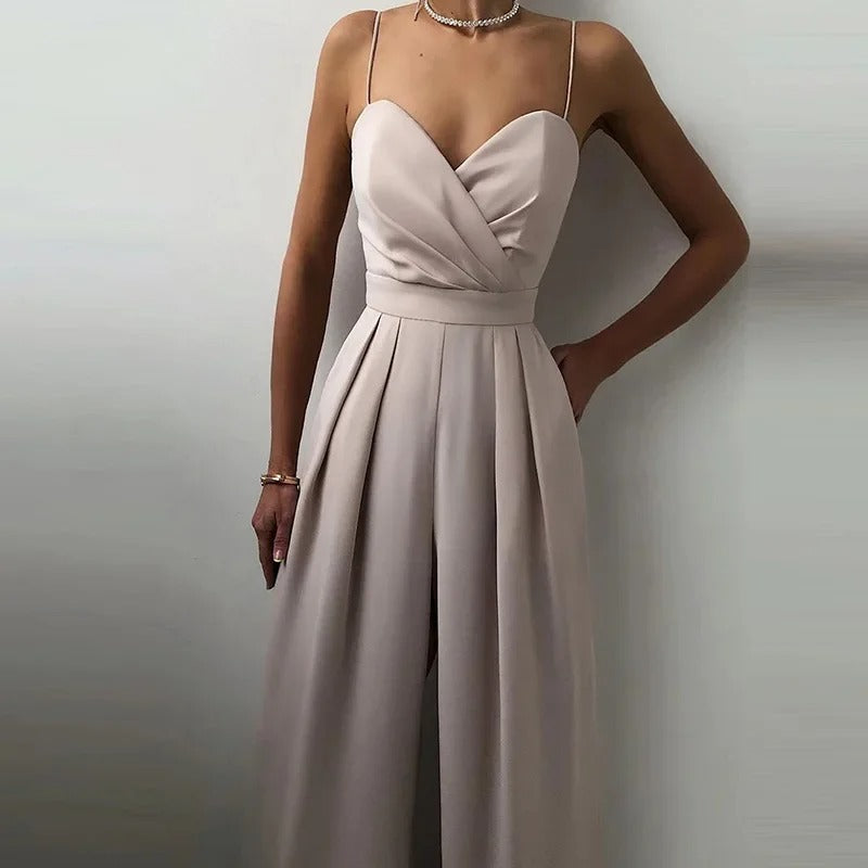 Women's Wide Leg Jumpsuit with Thin Straps and Wrap Neckline