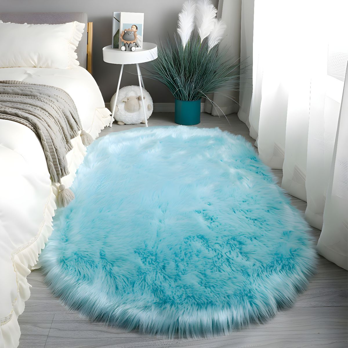 Fluffy Oval Rug for Bedroom and Living Room - Soft Shaggy Pile