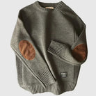 Laurent grijze trui met elleboogpatches, close-up mouw en manchet