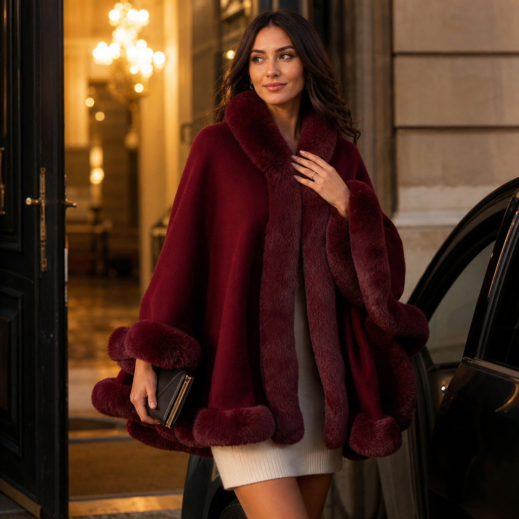Women's Hooded Cape Coat with Faux-Fur Trim, Knit