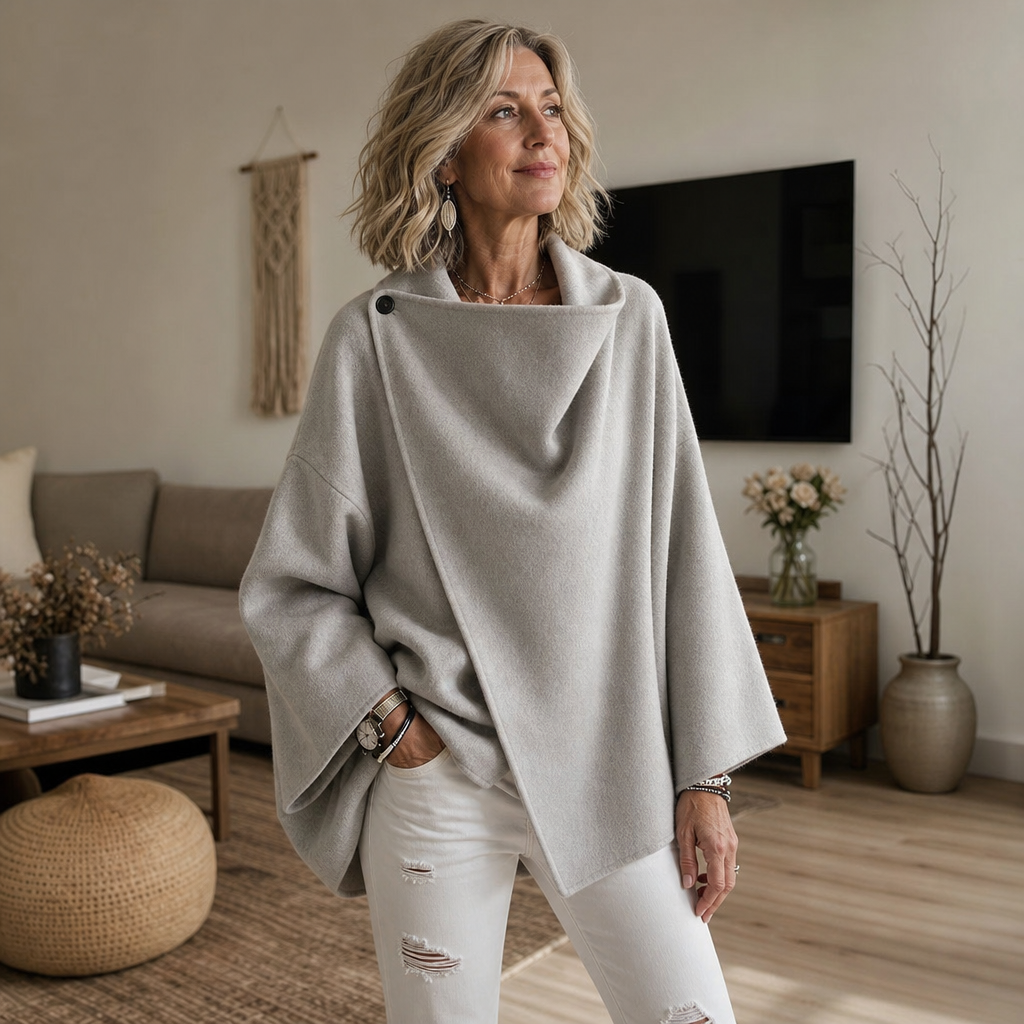 Women's Asymmetric Wrap Cape Jacket with Button Collar