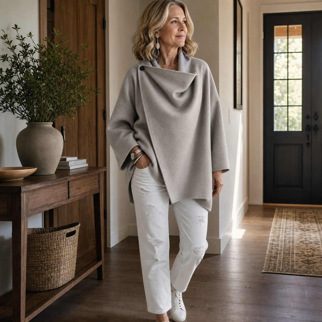 Women's Asymmetric Wrap Cape Jacket with Button Collar