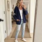Women's Hoodies Zip Sweater Knit with Striped Sleeve Detail