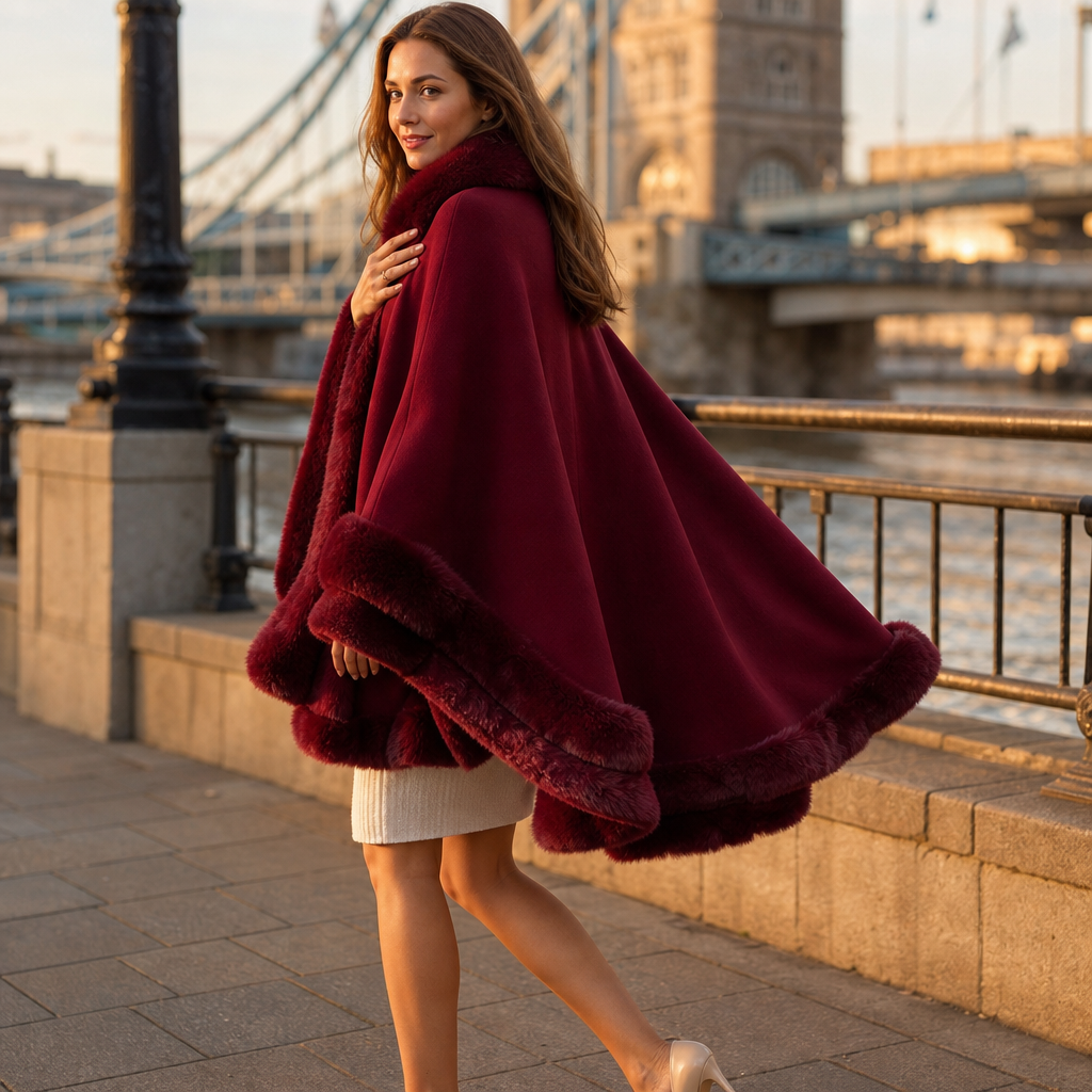 Women's Hooded Cape Coat with Faux-Fur Trim, Knit
