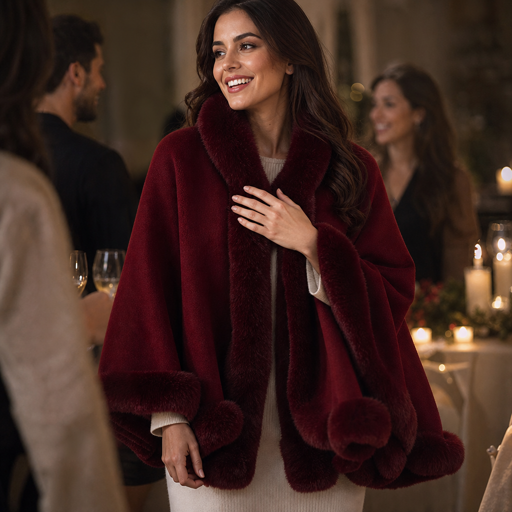 Women's Hooded Cape Coat with Faux-Fur Trim, Knit