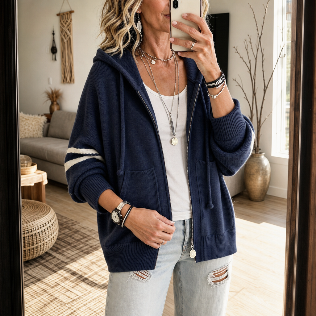 Women's Hoodies Zip Sweater Knit with Striped Sleeve Detail