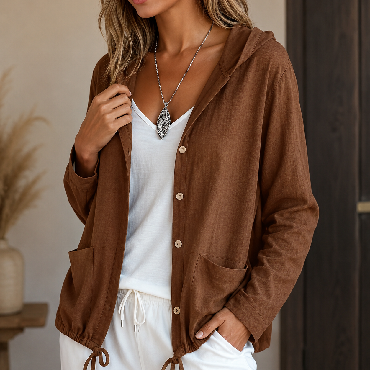 Women's Lightweight Drawstring Hooded Jacket - Knit Layer