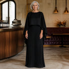 long wedding guest dress — Black pleated cape maxi wedding guest dress complete front view — view 3