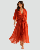Women's Wrap Midi Dress with Ruffle Skirt and Kimono Sleeves