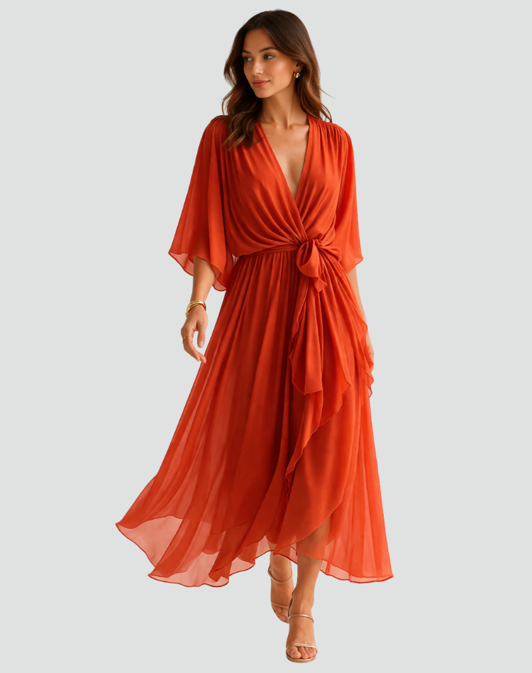 Women's Wrap Midi Dress with Ruffle Skirt and Kimono Sleeves