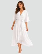 Women's Wrap Midi Dress with Ruffle Skirt and Kimono Sleeves