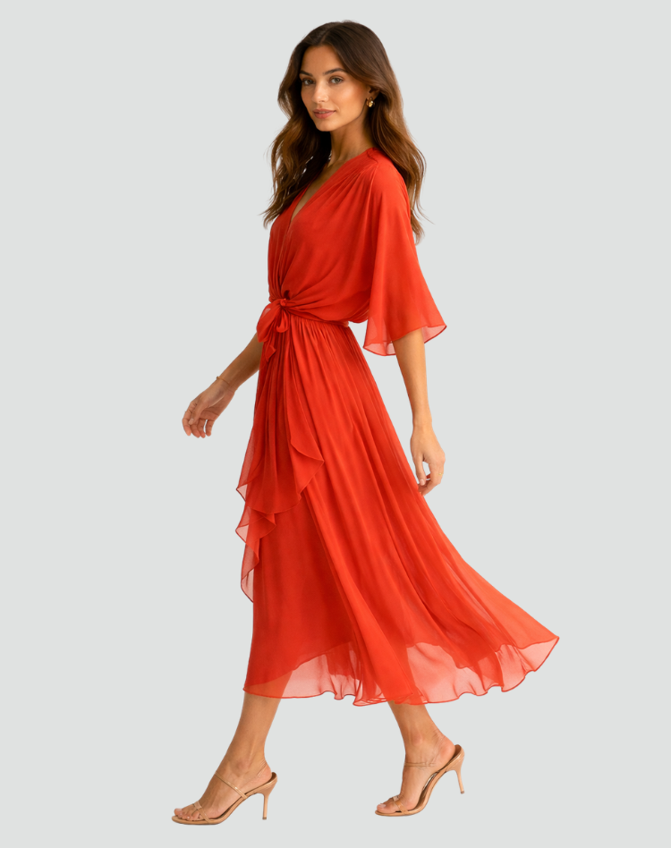 Women's Wrap Midi Dress with Ruffle Skirt and Kimono Sleeves