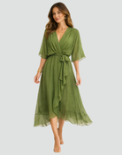 Women's Wrap Midi Dress with Ruffle Skirt and Kimono Sleeves