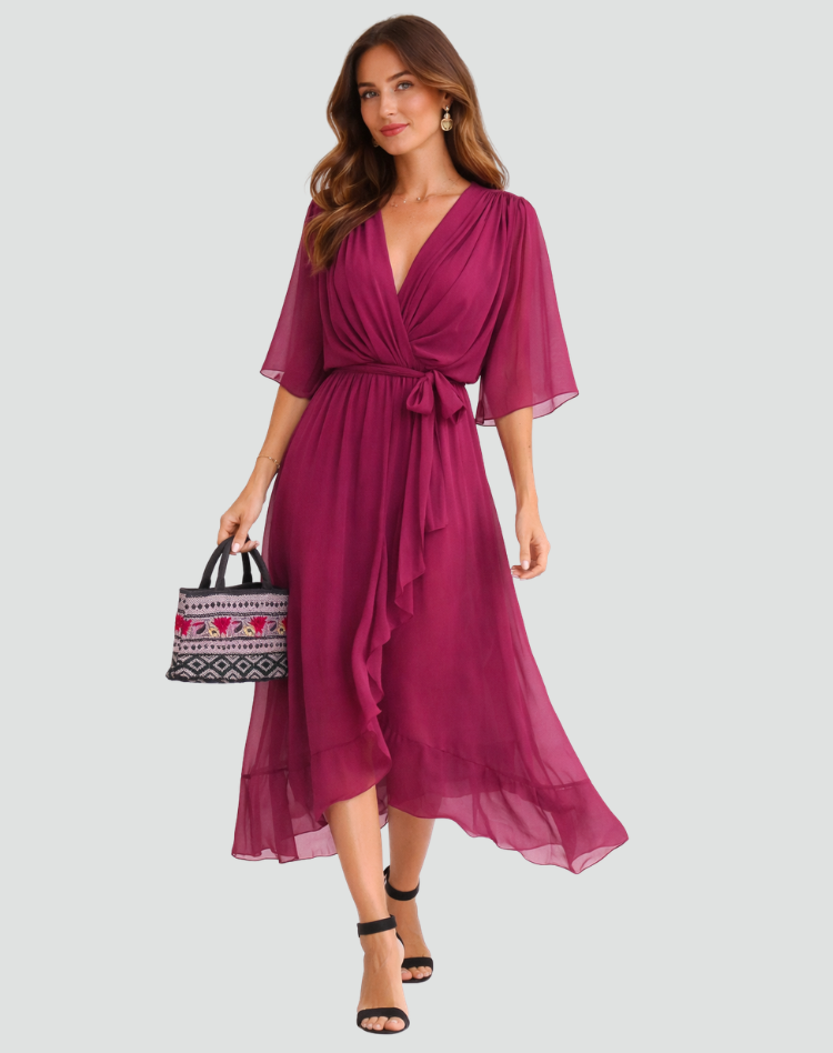 Women's Wrap Midi Dress with Ruffle Skirt and Kimono Sleeves