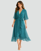 Women's Wrap Midi Dress with Ruffle Skirt and Kimono Sleeves