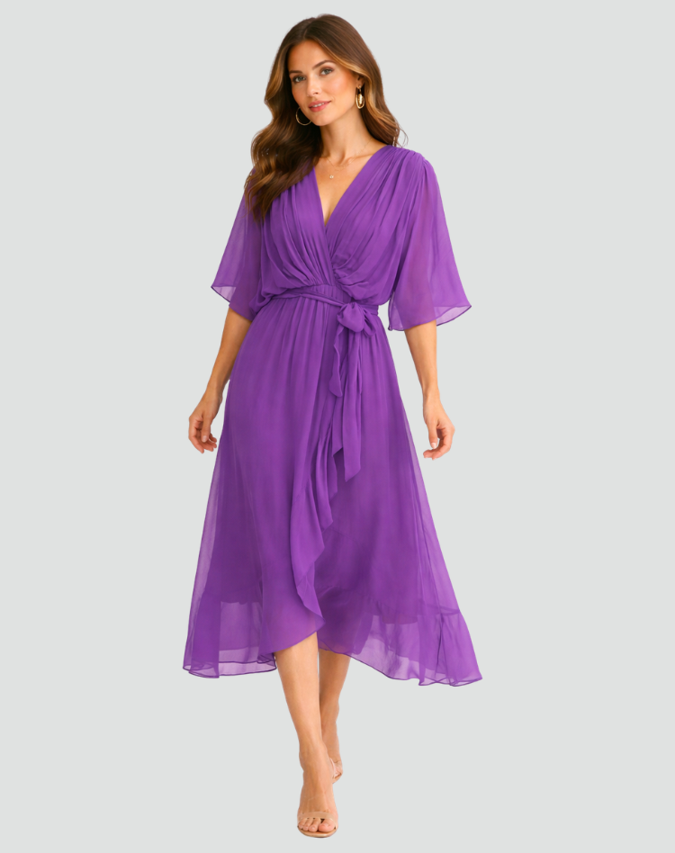 Women's Wrap Midi Dress with Ruffle Skirt and Kimono Sleeves