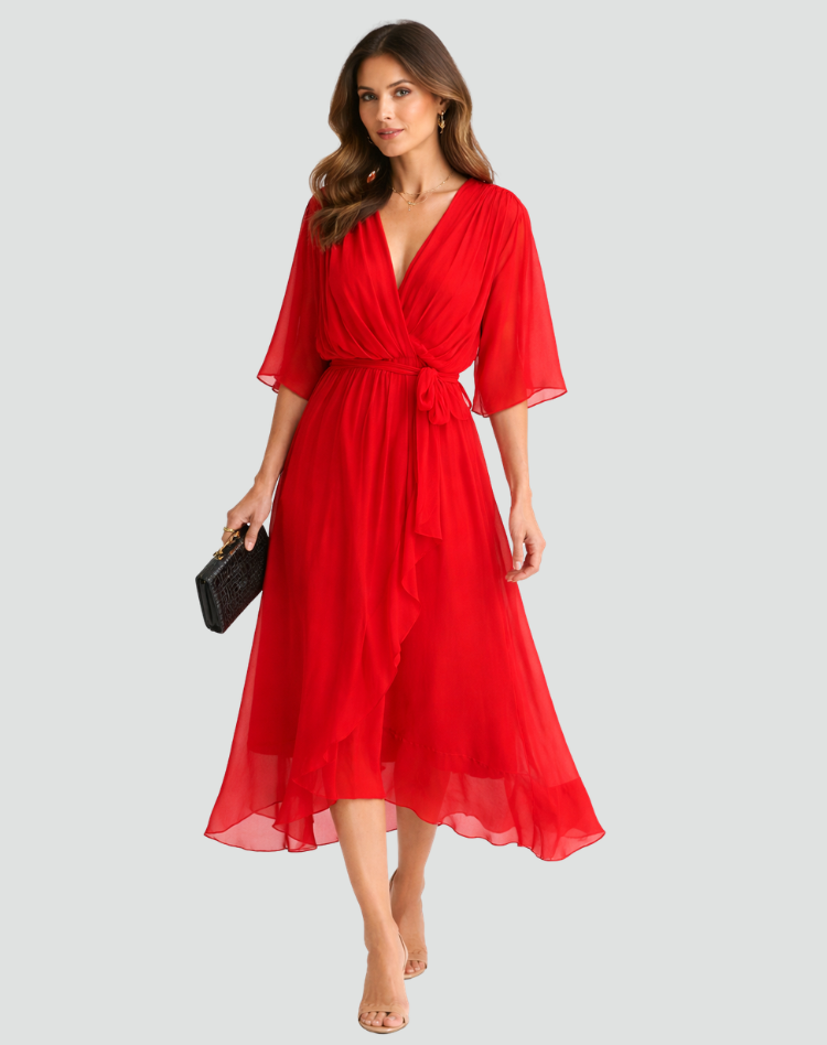 Women's Wrap Midi Dress with Ruffle Skirt and Kimono Sleeves