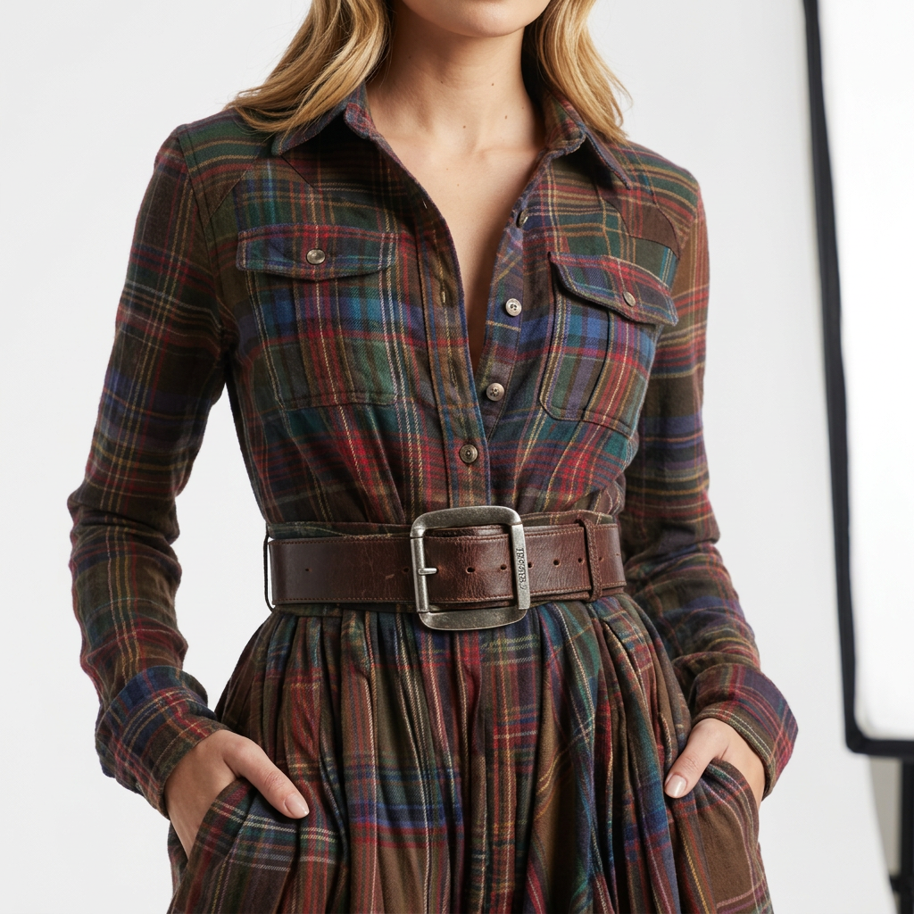 Women's Checked Shirt Dress - Long Sleeve Autumn Dress