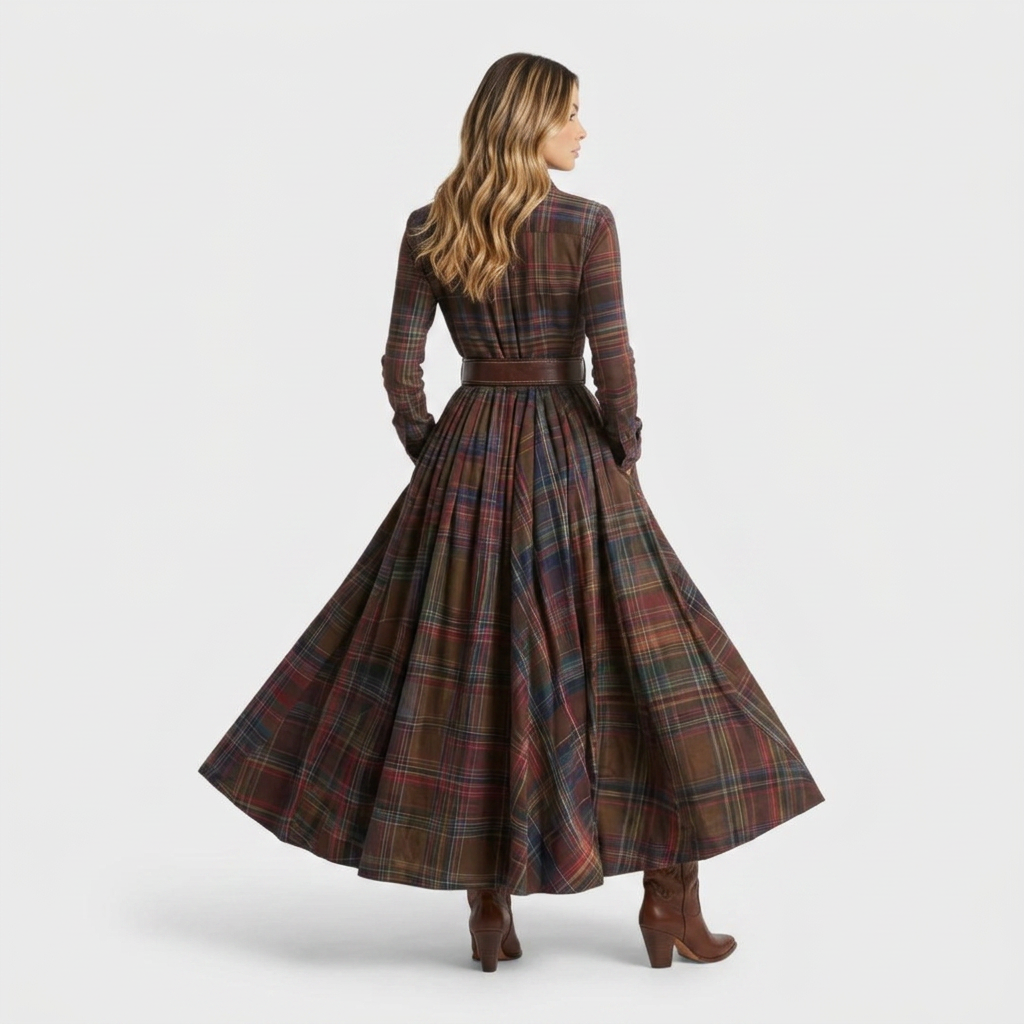 Women's Checked Shirt Dress - Long Sleeve Autumn Dress