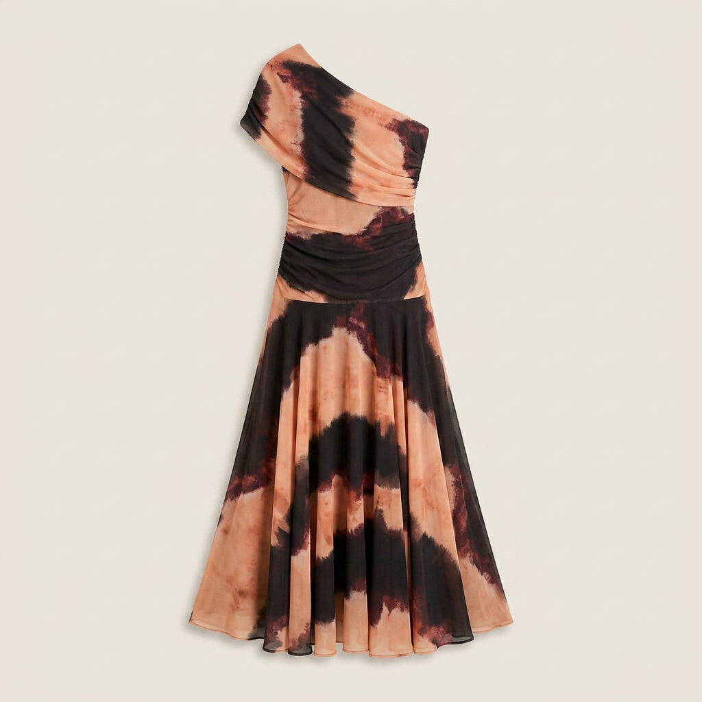 Women's One-Shoulder Midi Dress – Draped Chiffon-Effect Gown