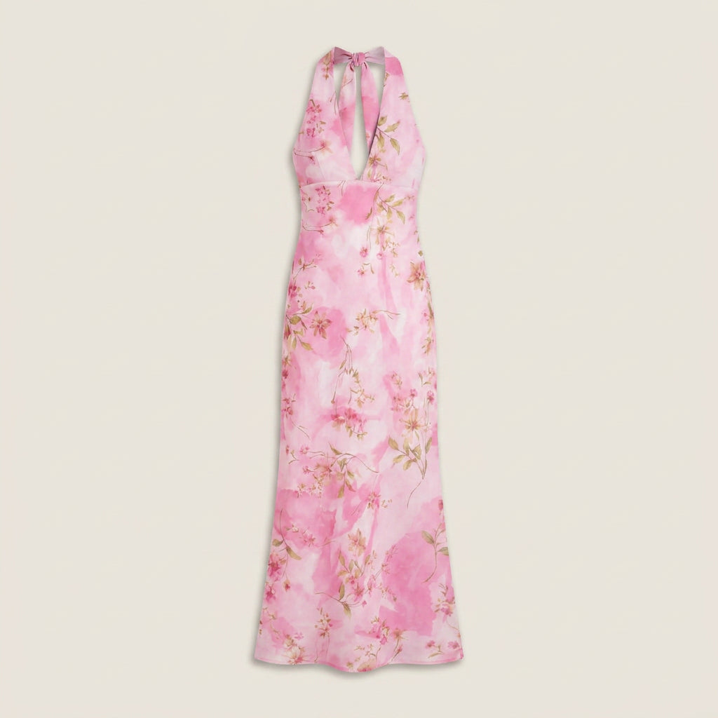 Women's Long Halter Dress with V-Neckline and Open Back