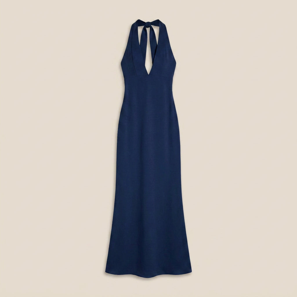 Women's Long Halter Dress with V-Neckline and Open Back