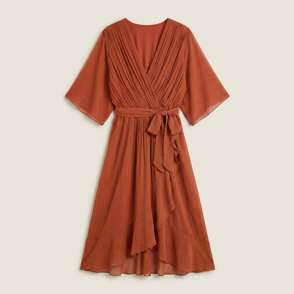 Women's Chiffon Wrap Midi Dress with Flutter Sleeves