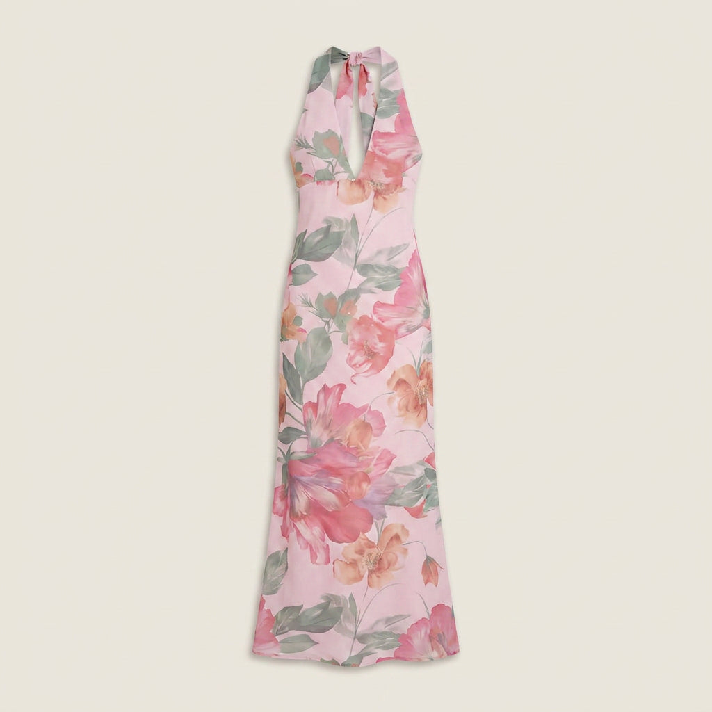 Women's Long Halter Dress with V-Neckline and Open Back