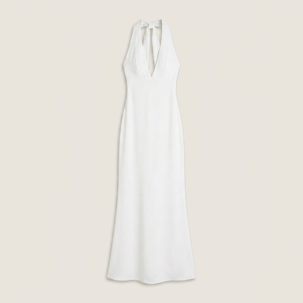 Women's Long Halter Dress with V-Neckline and Open Back