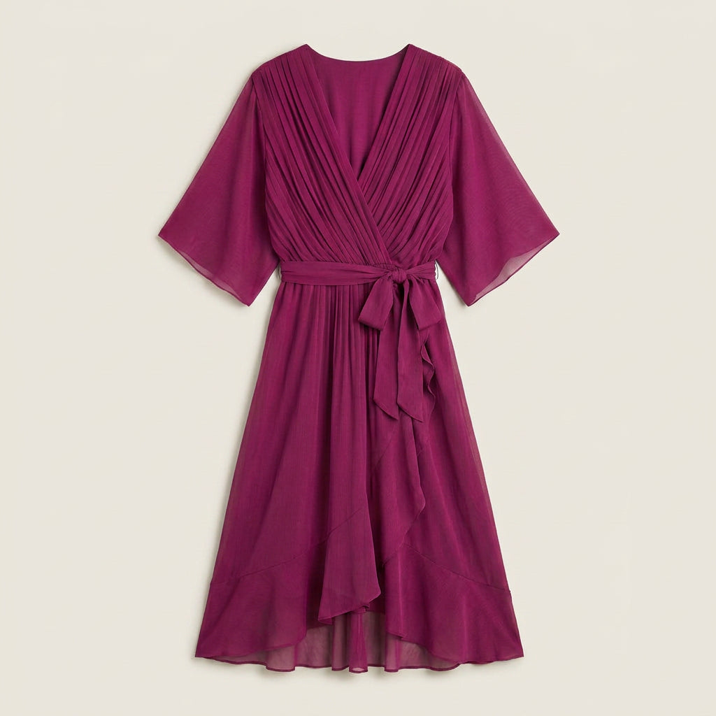 Women's Chiffon Wrap Midi Dress with Flutter Sleeves