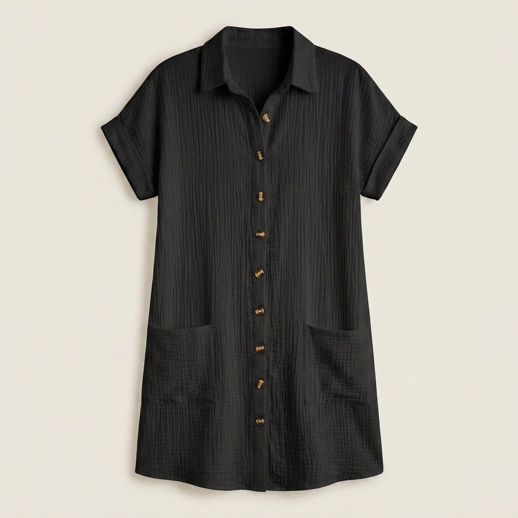 Women's Shirt Dress Muslin Cotton Wooden Buttons Pockets