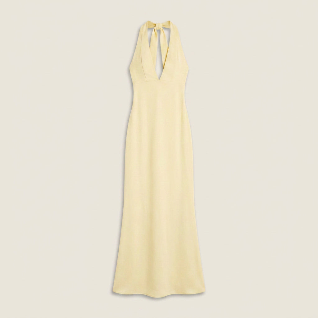 Women's Long Halter Dress with V-Neckline and Open Back