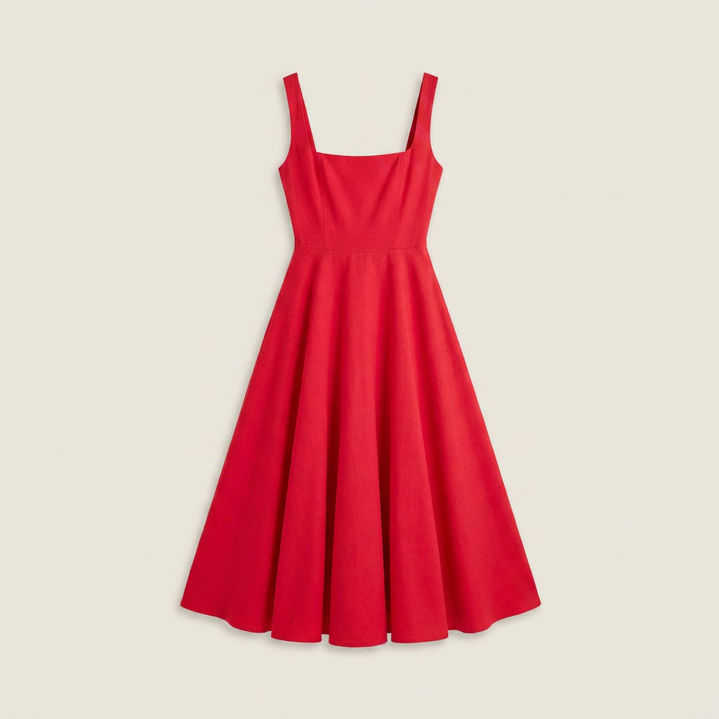Women's Midi Dress Square Neck Flared Skirt