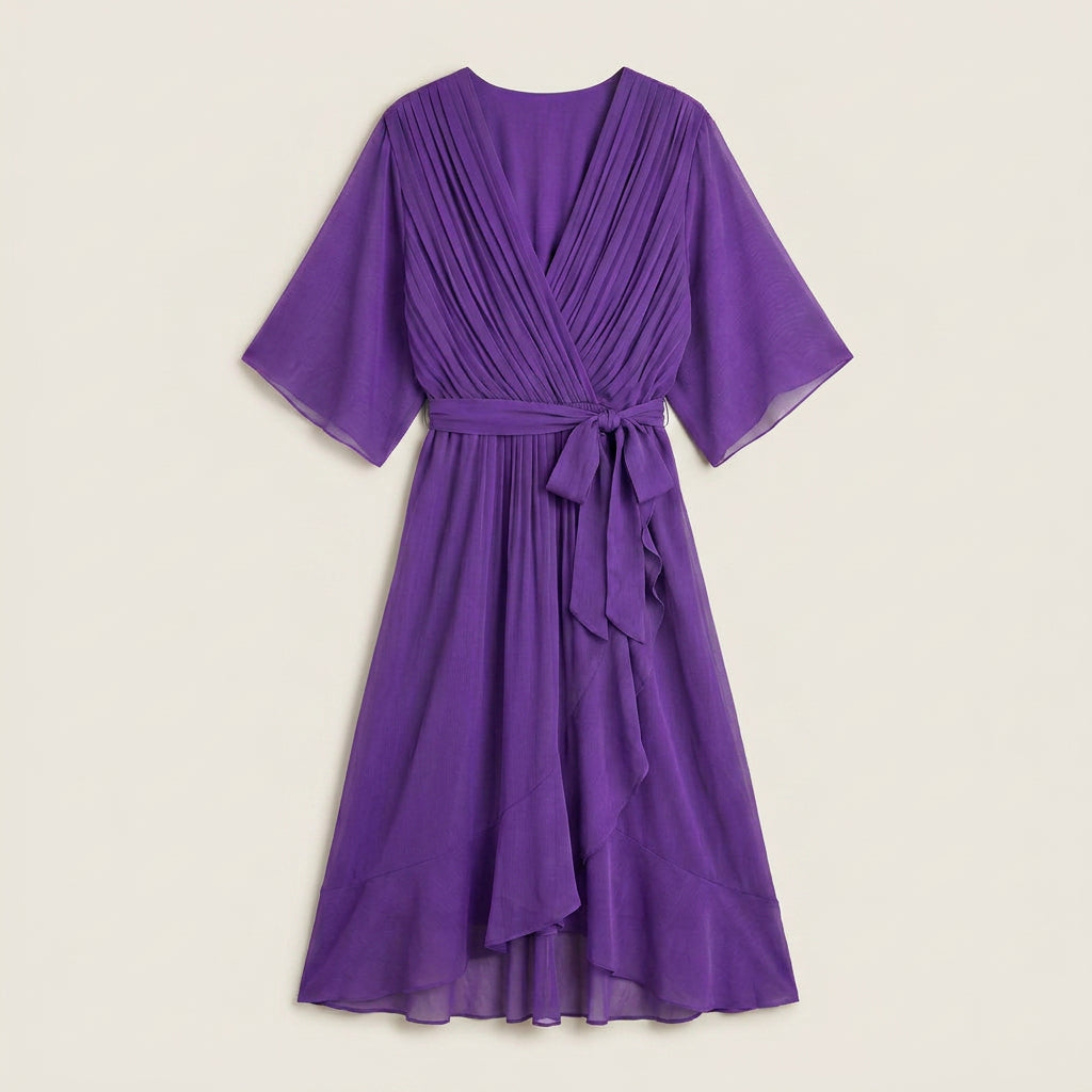 Women's Chiffon Wrap Midi Dress with Flutter Sleeves