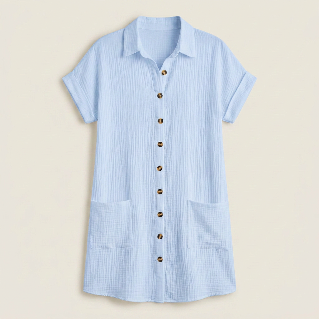 Women's Shirt Dress Muslin Cotton Wooden Buttons Pockets