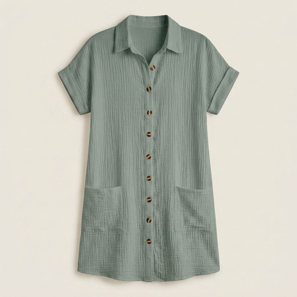 Women's Shirt Dress Muslin Cotton Wooden Buttons Pockets