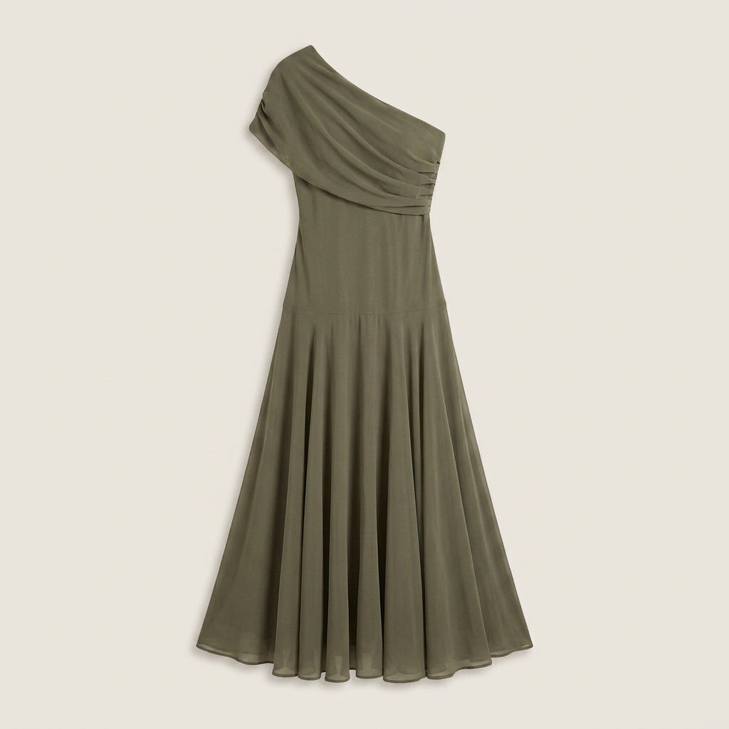 Women's One-Shoulder Midi Dress – Draped Chiffon-Effect Gown