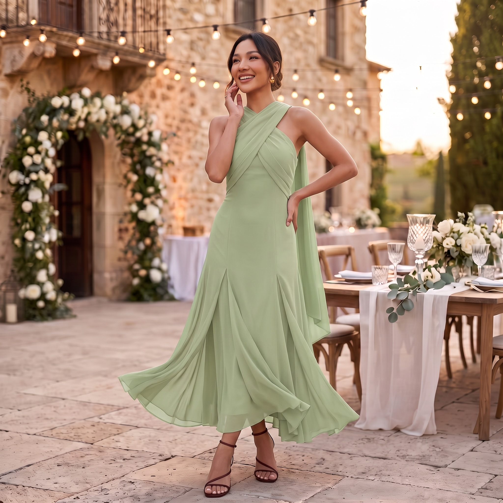 Women's Long Wedding Guest Dress Slim Fit Chiffon