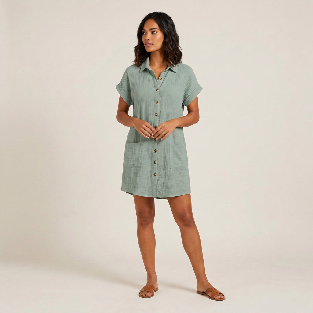 Women's Shirt Dress Muslin Cotton Wooden Buttons Pockets