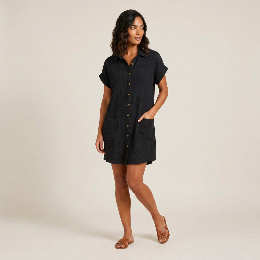 Women's Shirt Dress Muslin Cotton Wooden Buttons Pockets