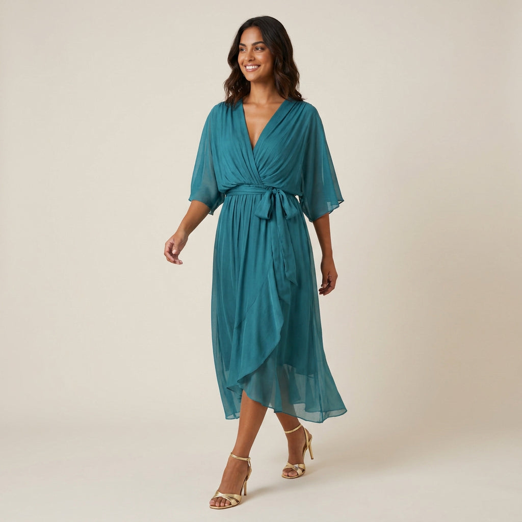 Women's Chiffon Wrap Midi Dress with Flutter Sleeves
