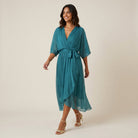 Women's Chiffon Wrap Midi Dress with Flutter Sleeves