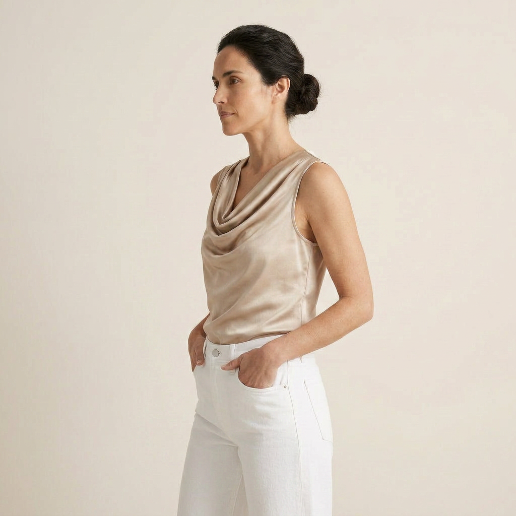 Women's Sleeveless Satin Top with Draped Cowl Neck