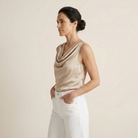 Women's Sleeveless Satin Top with Draped Cowl Neck