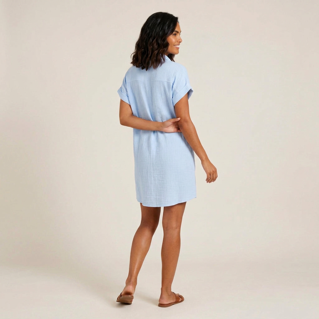 Women's Shirt Dress Muslin Cotton Wooden Buttons Pockets